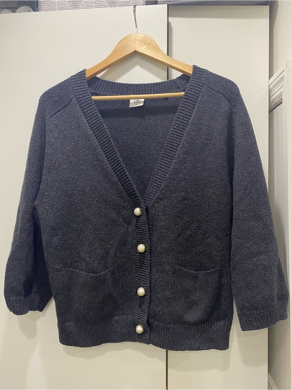 CAbi Charcoal Pearl-Button V-Neck Cardigan